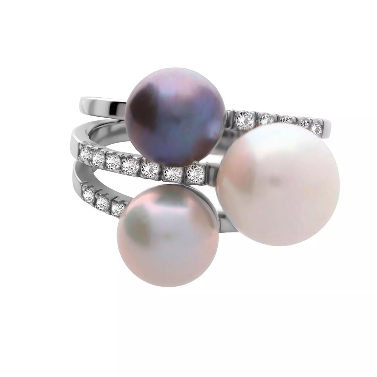 anillo de oro blanco 18k con perlas y diamantes trilogia