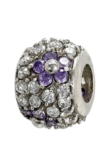 abalorio de plata forma de donuts cuajado de circonitas blancas y moradas con dibujos florales vista lateral 015_26-3 foto 4