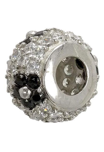 abalorio de plata forma donuts cuajado de circonitas blancas y negras con forma de flor vista lateral 015_26-2