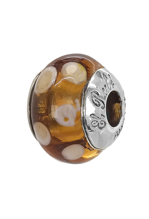 abalorio de plata y cristal de murano tonos citrinos con lunares blancos vista lateral 015_MRN119