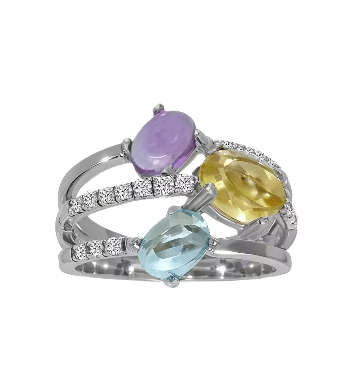 anillo de oro blanco 18 ktes con diamantes y cristales checos multicolores toma frontal