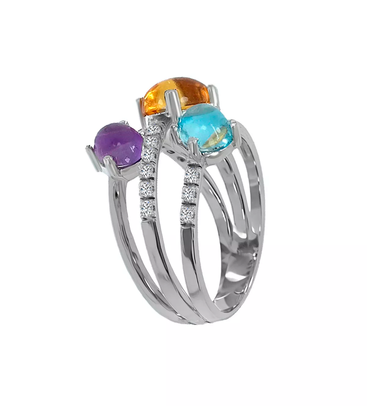 anillo de oro blanco 18 ktes con diamantes y cristales checos multicolores toma lateral