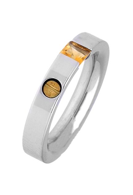 anillo de acero con el logo de oro y un ctrino talla princesa foto oblicua precio muy barato 142_0532-1-CITRINO_01