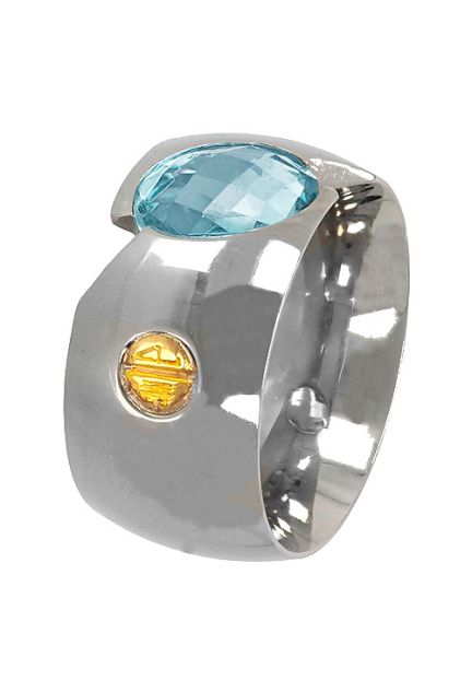 anillo de acero con motivo oro amarillo y topacio azul diseño alta joyeria precio de liquidacion foto lateral 142_0545-1TA_01