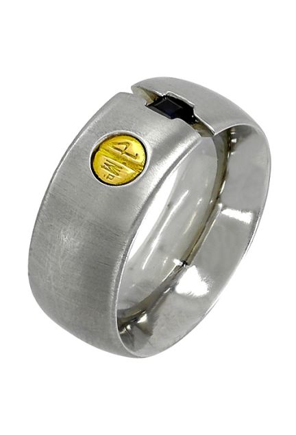 anillo de acero y oro 18 ktes con zafiro talla princesa engaste tension foto lateral 142_0381-1_01