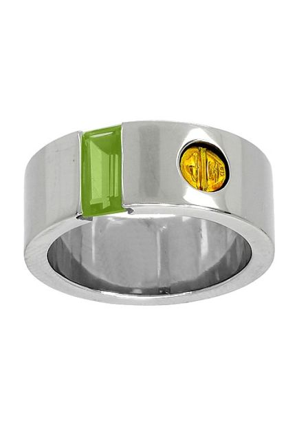 anillo de acero y oro amarillo 18k con olivina foto frontal 142_0539-1V