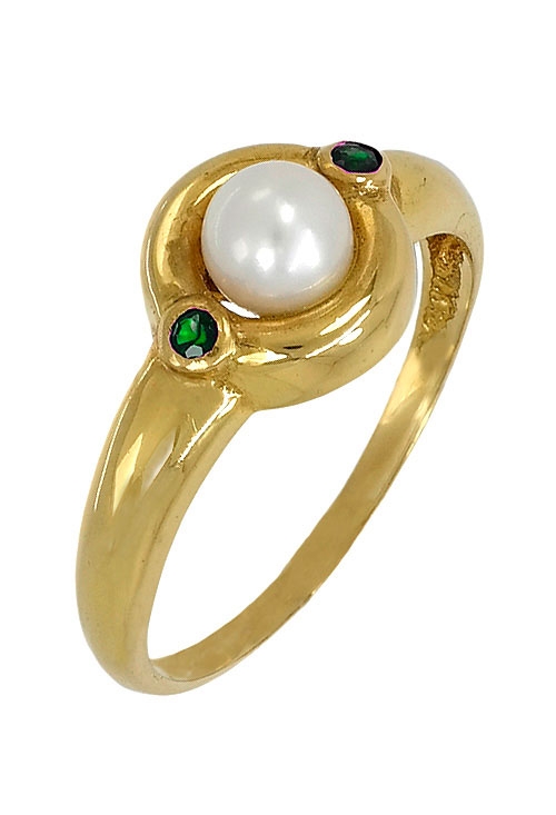 anillo de oro amarillo 18 ktes para niña de Primera Comunión con perla y esmeraldas 100-L251ES-01