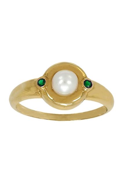 anillo de oro amarillo 18 ktes para niña de Primera Comunión con perla y esmeraldas 100-L251ES