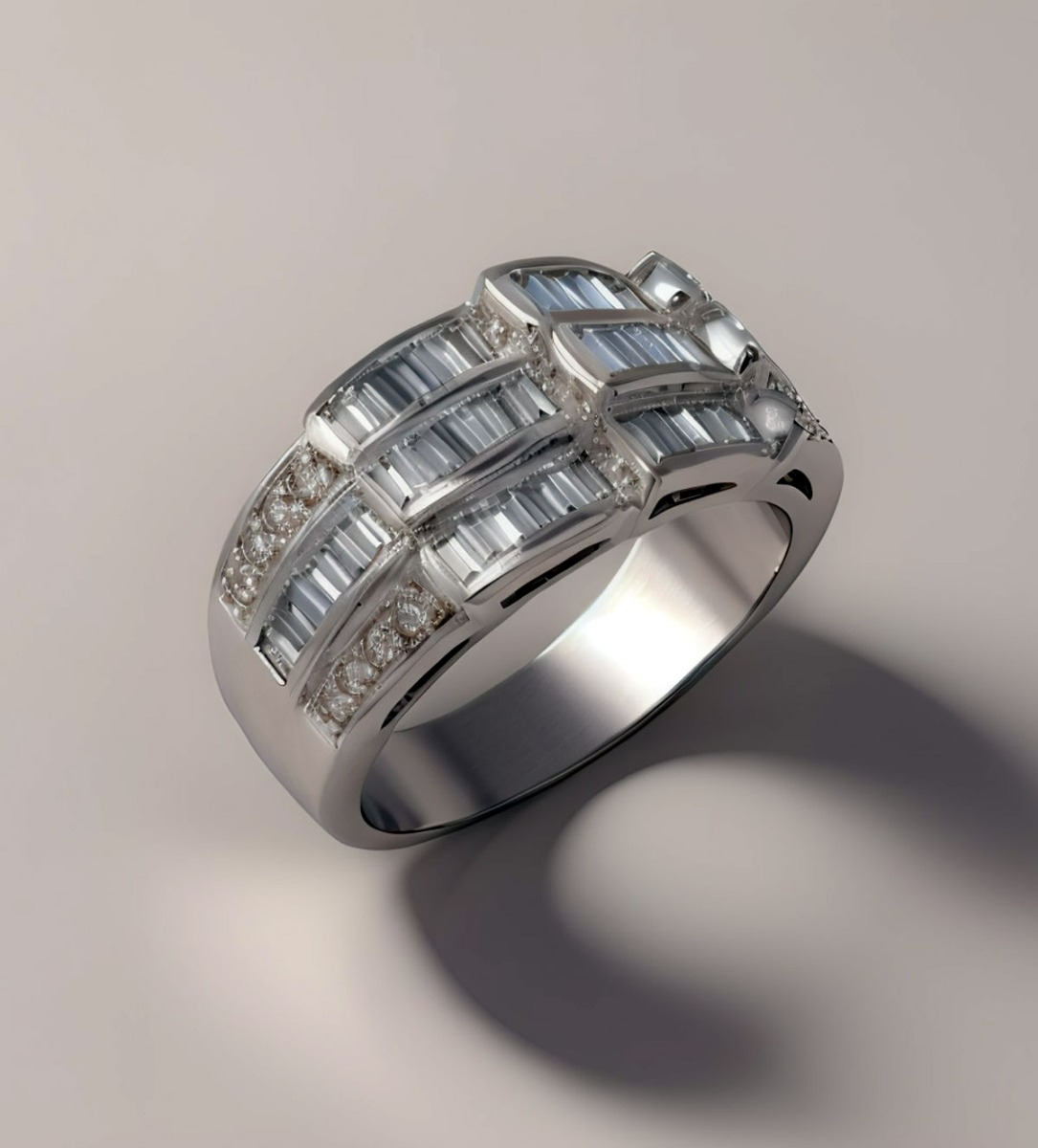 anillo de oro blanco con brillantes y baguettes toma renderizada lateral