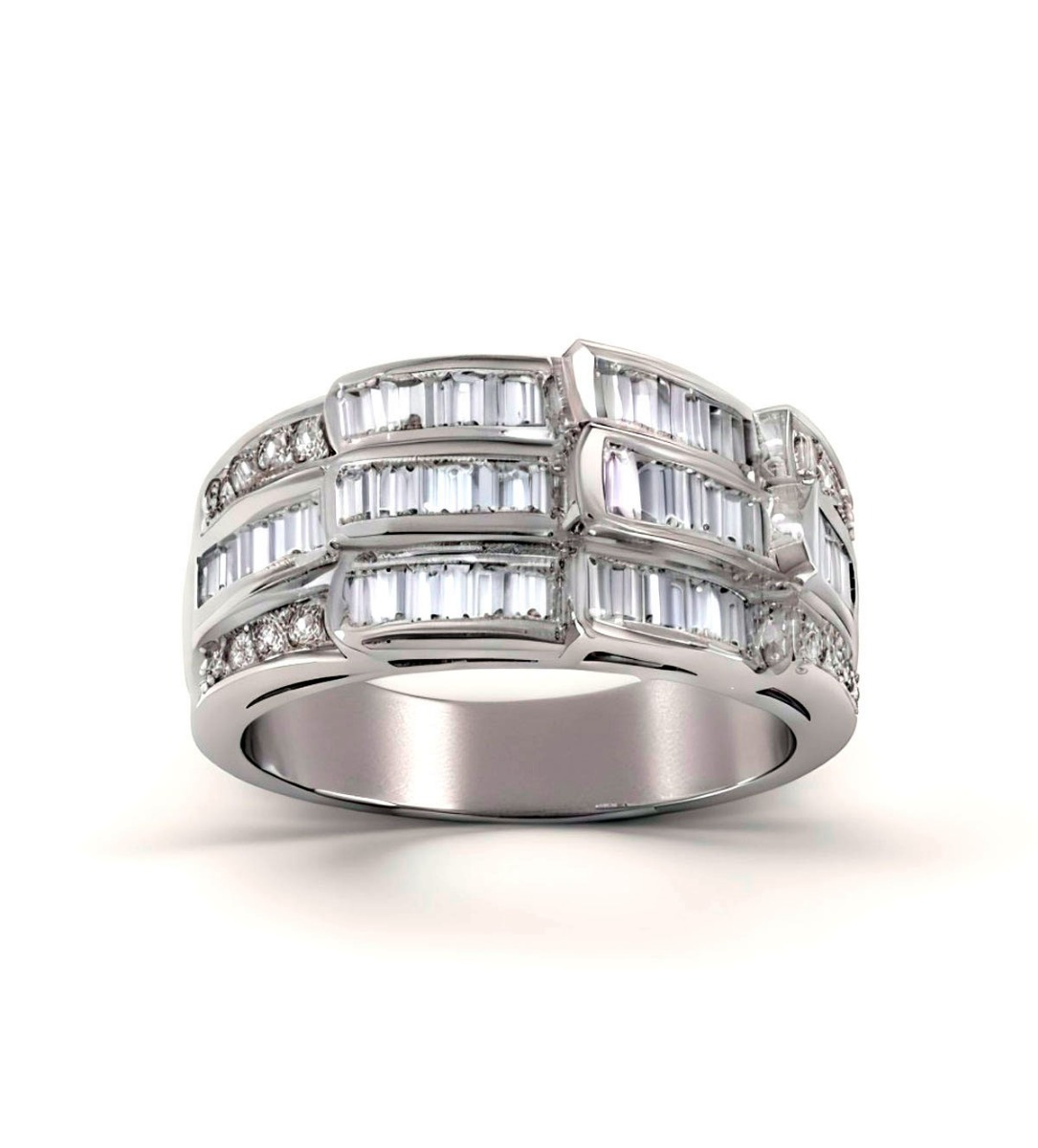 anillo de oro blanco con brillantes y baguettes toma renderizada frontal