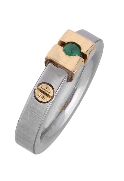 anillo mujer acero y oro amarillo 18 kilates con esmeralda fina a precio outlet de joyeria foto de lateral 142_0422-1_01