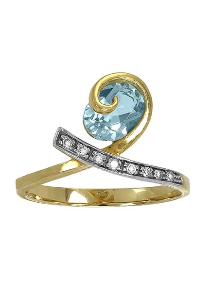 Sortija mujer oro amarillo 18 k. con topacio azul y diamantes vista cenital