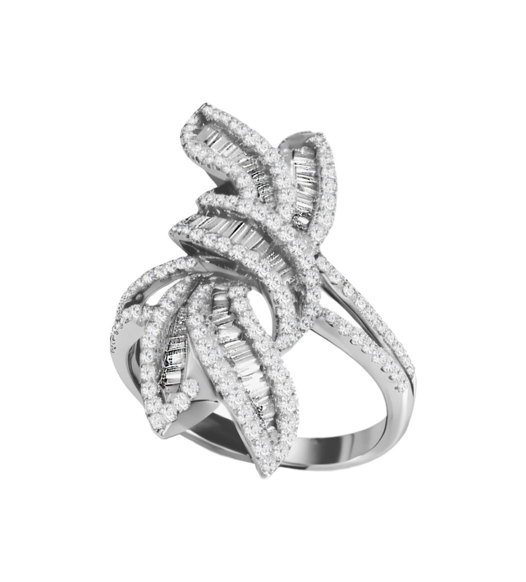 anillo oro blanco 18 kilates con diamantes talla brillante y talla baguete modelo lazo