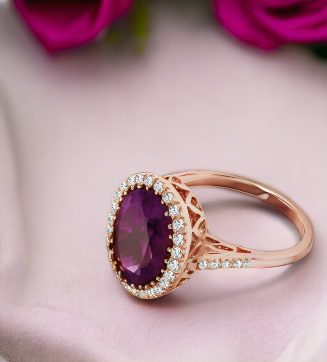 anillo oro rosa con amatista y brillantes toma redes sociales para parrilla web