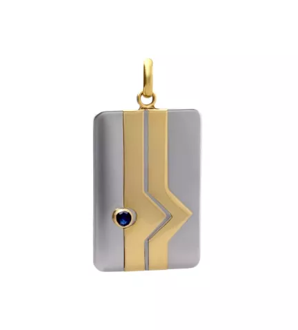 chapa de identidad de acero y oro con zafiro fino