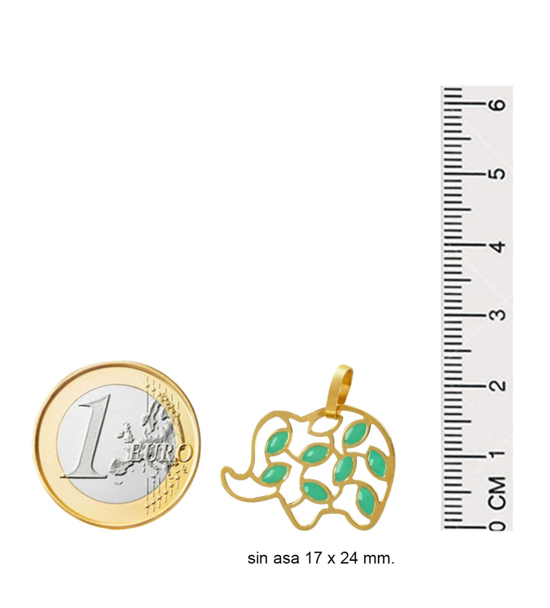 colgante oro amarillo 18k con esmaltes verdes forma de elefante foto medidas