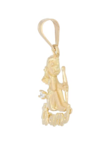 colgante oro amarillo 18 kilates cupido sentado medalla del amor vista de costado