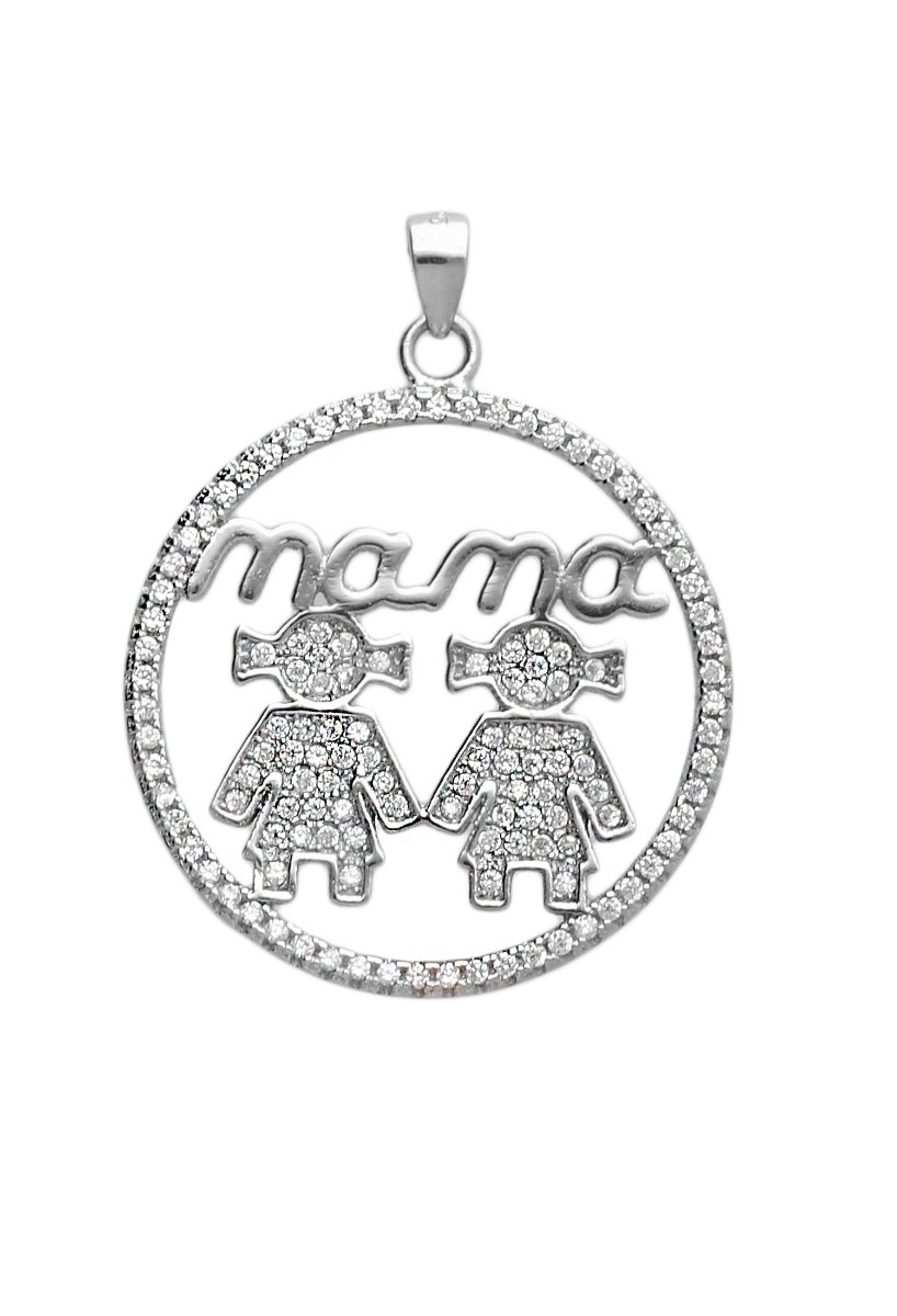 colgante de plata imagen de dos niñas y palabra mama FOTO FRONTAL