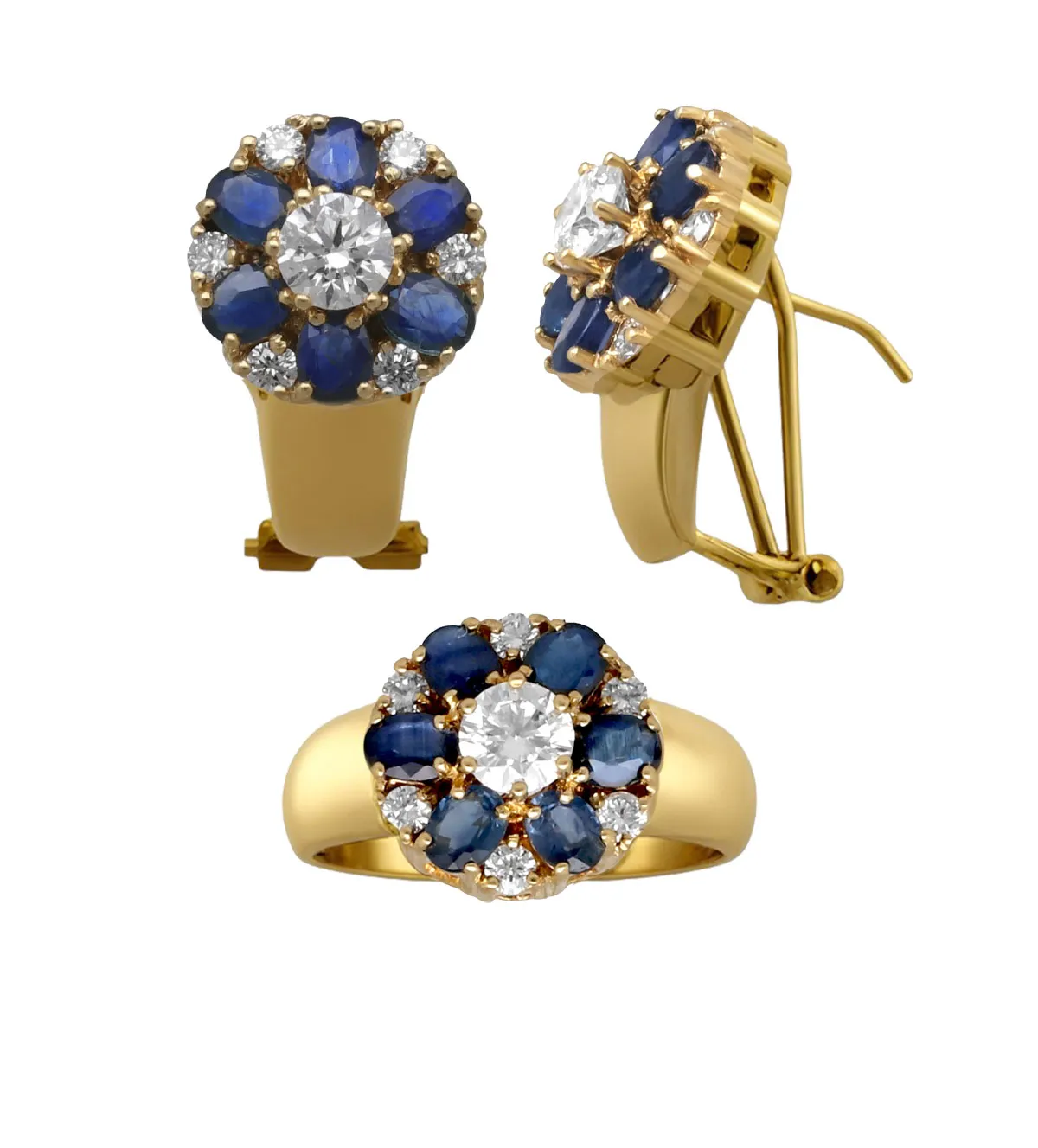 conjunto de sortija y pendientes con diamantes y zafiros foto principal