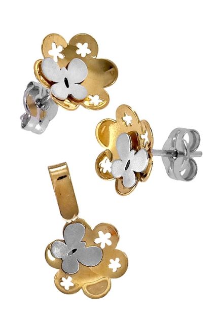 conjunto oro bicolor 18 ktes para nina flor y mariposa 095_440362-370 foto conjunto