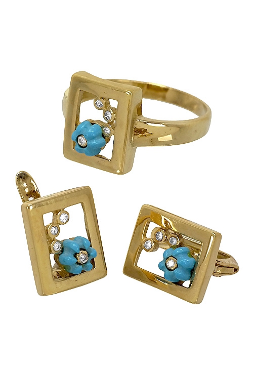 Conjunto oro, pendientes y sortija con flor de turquesa y circonitas, niña. 083_JI080 a precos baratos