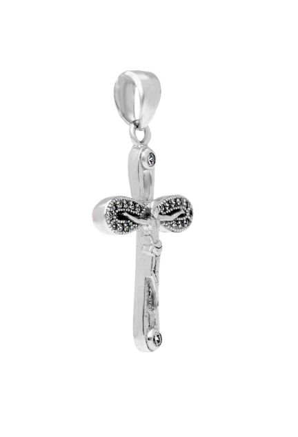 cruz de plata y circonitas con Cristo en relieve vista lateral para web el rubi joyeros
