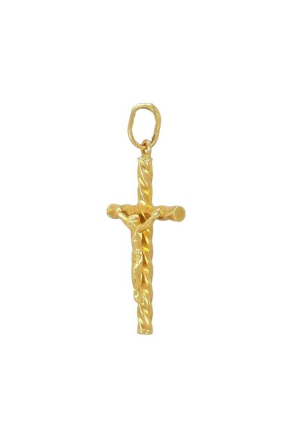 cruz de oro amarillo 18 ktes chanela rizada con Cristo vista lateral