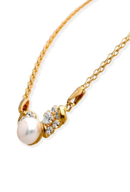 gargantilla oro amarillo 18 ktes con perla cultivada y circonitas vista lateral con detalle