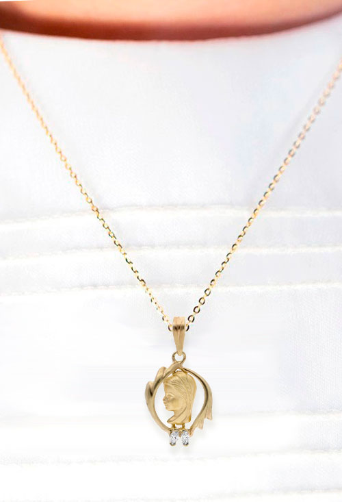 medalla oro amarillo 18k con circonitas virgen nina imagen de perfil calada vista modelo para web
