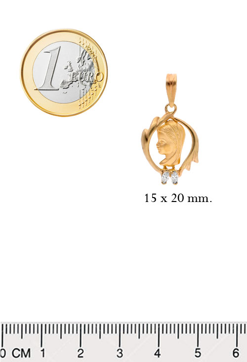 medalla oro amarillo 18k con circonitas virgen nina imagen de perfil calada vista con medidas para web