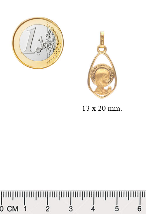 Medalla oro amarillo 18 kilates virgen niña forma de lagrima fotografia para exponer en nuestra web el rubi joyeros toma medidas comparadas