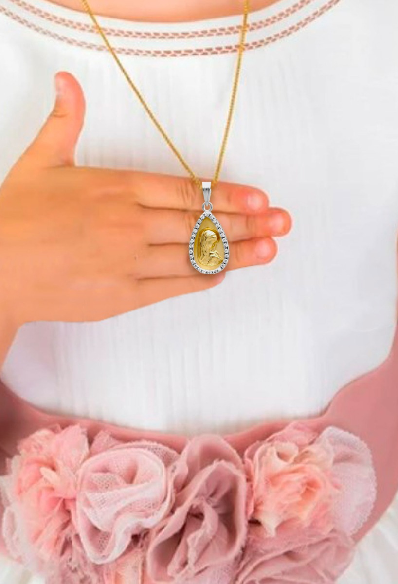 Medalla oro, Virgen Niña en oro bicolor con orla de circonitas M4330 vista modelo