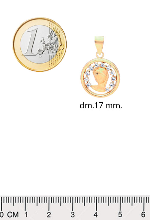 medalla oro amarillo 18 kilates y circonitas Virgen Nina vista medida comparada con un euro