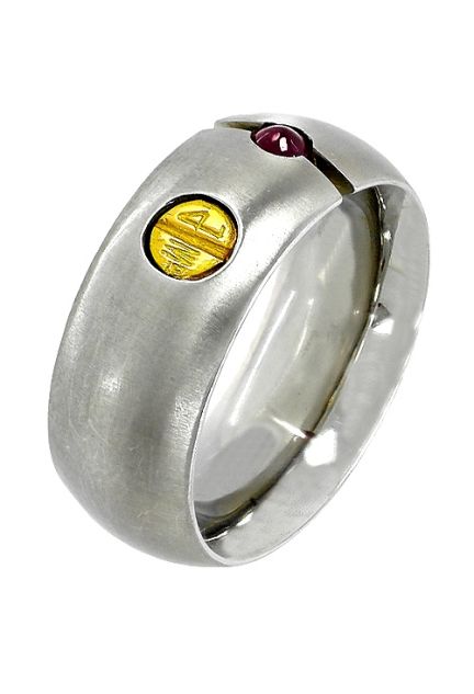ocasion anillo de acero y oro con rubi fino foto lateral 142_0375-1_01