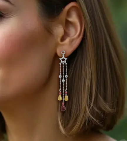 pendiente-de-oro-largo-con-cuarzos-de-colores-100_C1030-B modelo mujer