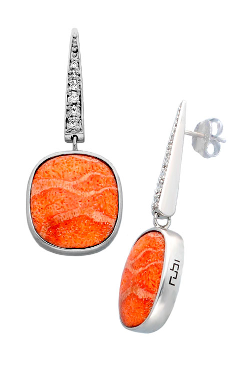 pendiente de plata largo con esponja de coral y circonitas foto toma lateral para parrilla web