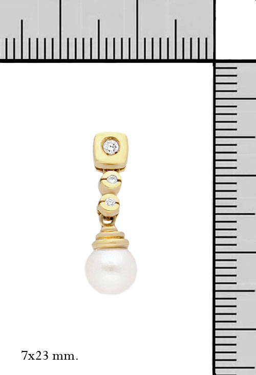 pendiente largo oro amarillo 18 kilates con perlas cultivadas y diamantes vista con medidas en milimetros 100_2784_M