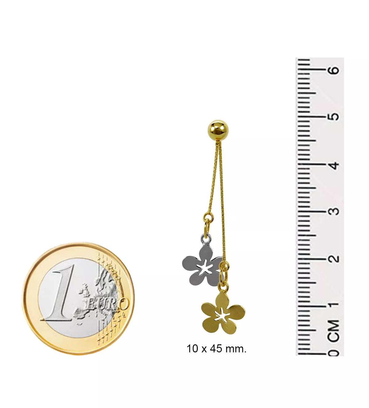 pendientes de oro largos bicolore floral foto medidas