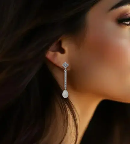 pendientes de oro largos para novia con circones y perlas 019_4790 modelo mujer