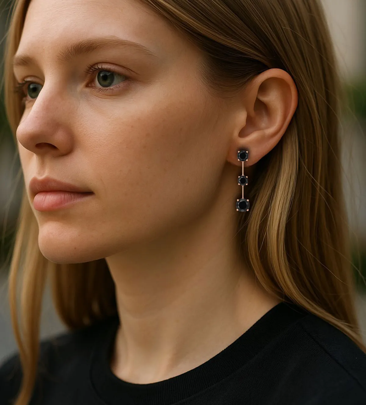 pendientes de oro, pendientes de luto, pendientes ororosa y onix modelo mujer