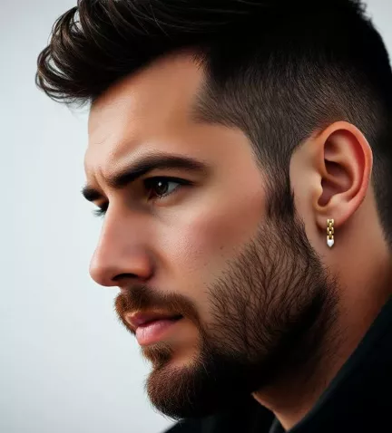 pendientes de oro y acero punta dual fotograma con modelo masculino