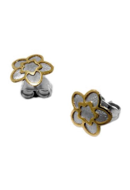 pendientes de acero y oro forma de flor con sistemas de presion.