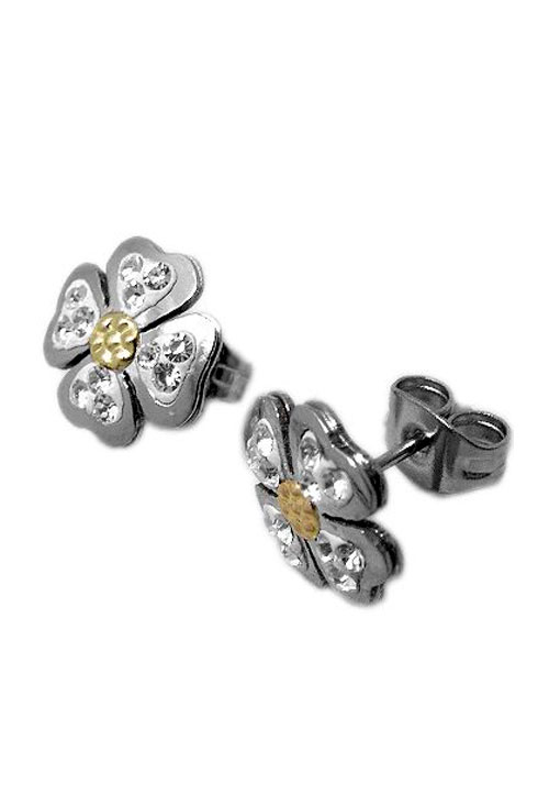 pendientes acero y oro con cristales swarovski forma trebol de cuatro hojas