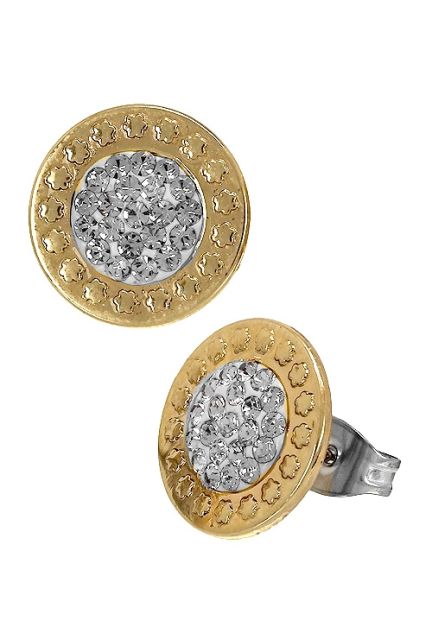 pendientes acero y oro con resina y cristales swarovski color blanco diámetro 12 mm.