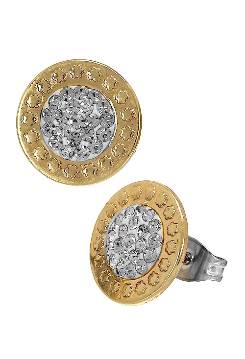 pendientes acero y oro con resina y cristales swarovski color blanco diámetro 12 mm.