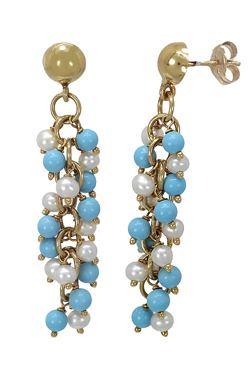 Pendientes largos de oro amarillo de ley de 18 kilates con perlas cultivadas y turquesas en forma de racimo en joyeria online al precio mas barato perfil