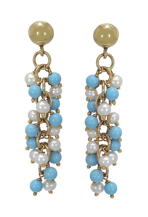 Pendientes largos de oro amarillo de ley de 18 kilates con perlas cultivadas y turquesas en forma de racimo en joyeria online al precio mas barato frontal