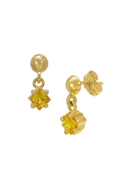 pendientes largos oro amarillo 18k con citrino cuadrado colgando de media bola vista frontal y lateral