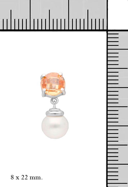 pendientes latgos oro nlanco 18 kilatyes con perla cultivada y citrino vista con medidas