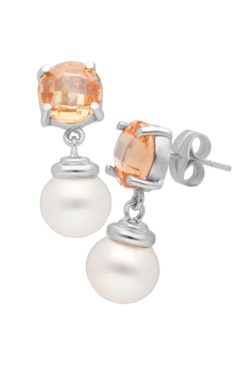 pendientes latgos oro nlanco 18 kilatyes con perla cultivada y citrino vista lateral